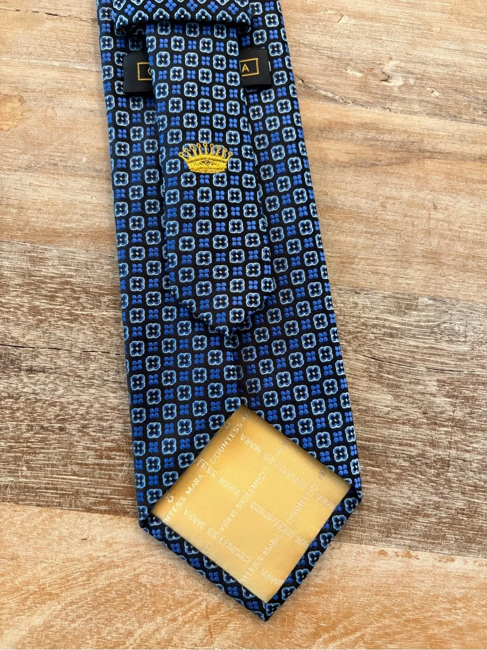 Countess Mara 100% Silk Tie Blue Geometric Necktie Blue Gold Crown Logo
